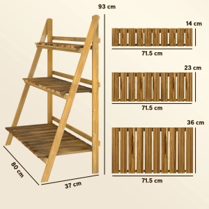 Suport pliabil pentru plante cu 3 niveluri, lemn de brad, 80x37x93 cm pliat 80x6.5x99 cm, capacitate 50kg, lemn natural - Verificat A · Re-Bloom - Img 3