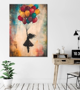 Tablou decorativ canvas model fetita cu baloane, 50x70 cm, panza/lemn, multicolor - Verificat A · Re-Bloom - Img 2