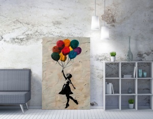 Tablou decorativ canvas model fetita cu baloane, 70x100 cm, panza/lemn, multicolor - Verificat A · Re-Bloom - Img 3