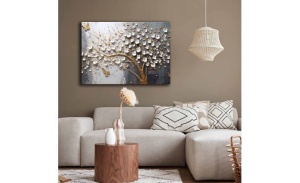 Tablou decorativ Re-Bloom, model copac, lemn masiv/panza, alb/auriu/gri, 70 x 100 cm - Img 4