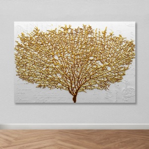 Tablou decorativ Re-Bloom, model copac, panza/lemn, alb/auriu, 100 x 140 cm