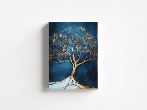 Tablou decorativ Re-Bloom, model copac, panza/lemn masiv, albastru/auriu, 60 x 90 cm