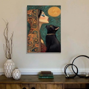Tablou decorativ Re-Bloom, model femeie si pisica, panza/lemn, multicolor, 70 x 100 cm - Img 2