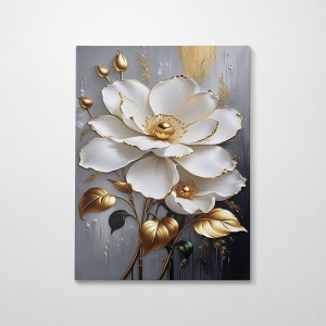 Tablou decorativ Re-Bloom, model floral, panza/lemn, gri/alb/auriu, 50 x 70 cm