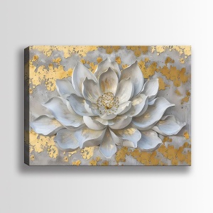 Tablou decorativ Re-Bloom, model floral, panza/lemn, gri/auriu, 70 x 100 x 3 cm - Img 2