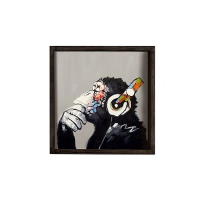 Tablou decorativ Re-Bloom, model maimuta cu casti, MDF/lemn masiv, multicolor, 33 x 33 cm