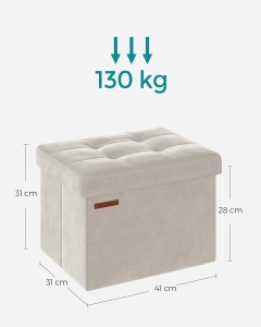 Taburet cu spatiu de depozitare Songmics, catifea/MDF, crem, 31 x 31 x 41 cm, Resigilat, Grad A - Img 4