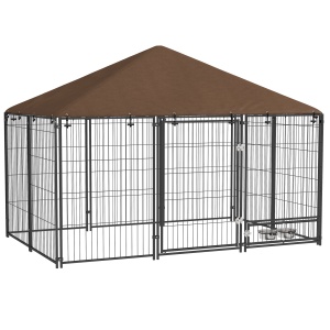 Tarc pentru caini, otel/material Oxford, 211x141x151 cm, suprafata 2.8m², usa 62x95cm, 2 boluri inox Ø18x5.5cm incluse, negru/maro - Verificat A · Re-Bloom