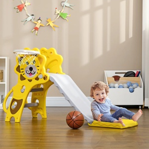 Tobogan 2in1 pentru copii tema Leu cu cos de baschet, PE, 131x50x74 cm, capacitate 25kg, galben/gri - Verificat A · Re-Bloom - Img 2
