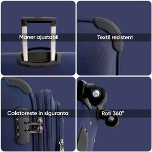 Troler Textil, 24 inch, 68 L, Mediu/M 70x40x28 cm, valiza fermoar cifru antifurt, roti 360°, geamantan maner telescopic, troller expandabil, Albastru, Resigilat, Grad A - Img 2