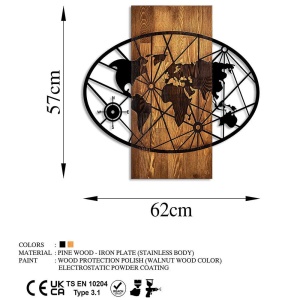 Wallity decor de perete harta, lemn/metal, 62x57 cm, lemn 3cm + metal 1.5mm, maro/negru - Verificat A · Re-Bloom - Img 4