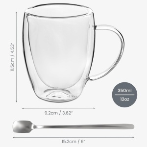Belle Vous set 6 cani termorezistente sticla borosilicata pereti dubli, 350ml, 9.2x11.5 cm + 6 lingurite metalice 15.2cm, transparent - Verificat B · Re-Bloom - Img 5