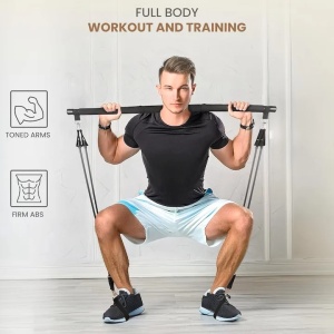 Belle Vous set Pilates bara 92 cm, 4 benzi de rezistenta 18-23 kg, 2 curele picioare, geanta transport 20x40 cm, otel/latex, negru - Verificat A · Re-Bloom - Img 5