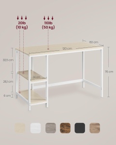 Birou Vasagle, otel/lemn, alb/bej, 60 x 120 x 76 cm, Resigilat, Grad A - Img 2