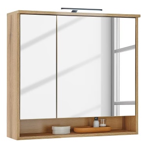 Bouchoux dulap baie oglinda LED 80x75x23 cm, 2 usi, 1 raft, PAL folie natur, iluminat integrat - Verificat A · Re-Bloom