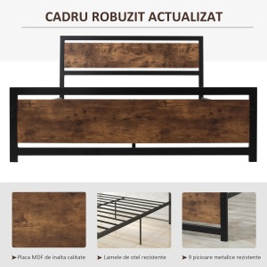Cadru pat matrimonial Re-Bloom, otel/MDF, 167x208x103 cm, saltea 160x200 cm, tablie 167x103 cm, spatiu sub pat 31 cm, 400 kg, negru/maro rustic - Verificat A · Re-Bloom - Img 6