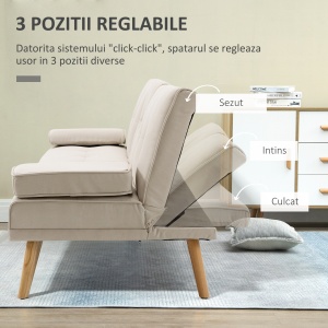 Canapea extensibila 3 locuri Re-Bloom, textil efect in/metal/burete/plop, 181x77x78 cm, pat 181x95.5x38 cm, consola centrala, suport pahare, 3 pozitii spatar, 250 kg, bej/natur - Verificat A · Re-Bloom - Img 5