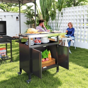 Carucior barbecue cu dulap, raft, masa laterala, otel inoxidabil, 116x50x93cm, Negru - Verificat A · Re-Bloom - Img 2