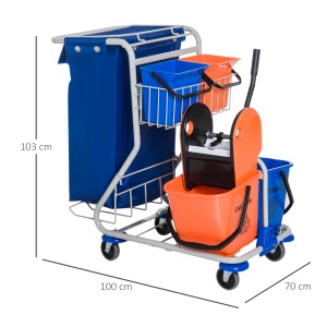 Carucior profesional pentru curatenie, cu 4 galeti, storcator si mop, metal/polipropilena/textil, portocaliu/albastru/gri, 93 x 80 x 97 cm, Resigilat, Grad A - Img 5