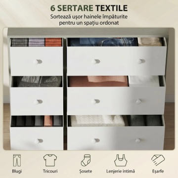 Comoda cu 6 sertare pliabile 114x30x70 cm, MDF, cadru otel, sertare textil netesut 100% poliester, manere duble, alb si gri - Verificat A · Re-Bloom - Img 6