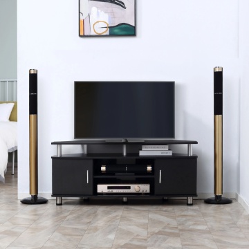 Comoda TV 120x39.5x52 cm, PAL 16mm, 2 compartimente cu usi, raft central, picioare inox, manere aliaj aluminiu, negru - Verificat A · Re-Bloom - Img 2