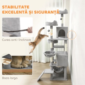 Copac de zgariat pentru pisici Re-Bloom, PAL/plush/bumbac PP/sisal, 48x48x192 cm, 2 hamace+3 platforme+2 casute+3 locuri odihna+scara, gri deschis/alb crem - Verificat A · Re-Bloom - Img 4