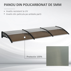Copertina de exterior pentru usa/fereastra, policarbonat 5mm/aluminiu/PP, 303x96x27 cm, suport perete 96x27 cm, set suruburi inclus, negru - Verificat A · Re-Bloom - Img 4