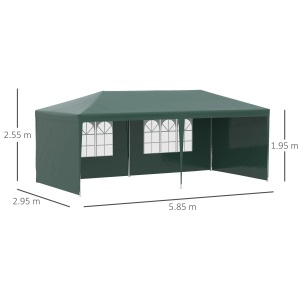 Cort de gradina 6x3m, cadru otel/tesatura PE, 5.85x2.95x2.55m, streasina 1.95m, pereti detasabili, ferestre 1.8x1.03m, 6 sfori + 12 tarusi, verde - Verificat A · Re-Bloom - Img 3