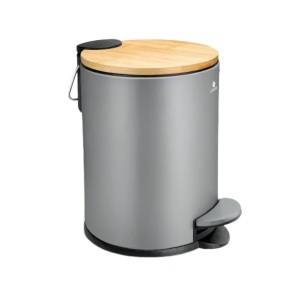 Cos de gunoi cu pedala Exitoso, Gri, Capac din lemn de bambus, Soft Close, 3l, Resigilat, Grad A
