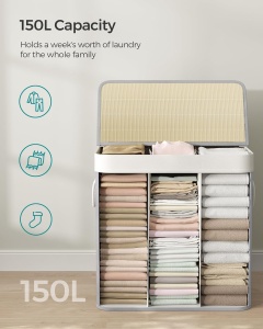 Cos pentru rufe cu 3 compartimente Songmics, bambus/textil, gri, 60 x 40 x 61,5 cm, Resigilat, Grad A - Img 4