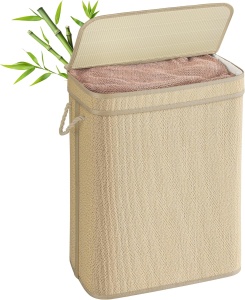 Cos pentru rufe Songmics, bambus/metal/piele PU, natur, 48 x 32 x 61 cm, 90L, Resigilat, Grad A