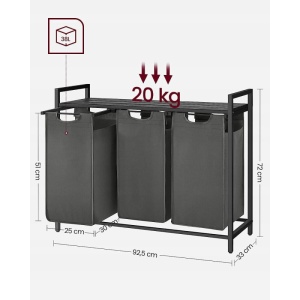 Cos pentru rufe Songmics, cu 3 compartimente, MDF/otel/textil, gri/negru, 92,5 x 33 x 72 cm, Resigilat, Grad A - Img 4