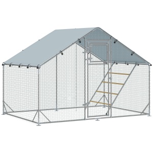 Cusca pentru gaini Re-Bloom, otel galvanizat/plasa otel/Oxford 420D, 300x200x195 cm, copertina 348x200 cm, 2 usi, stinghie 140x95 cm, argintiu - Verificat A · Re-Bloom