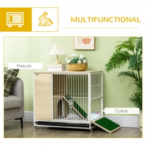 Cusca pentru iepurasi Re-Bloom, cu roti, PAL/otel/PVC, stejar/alb, 78 x 52,5 x 76,5 cm, Resigilat, Grad A - Img 2