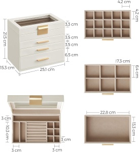 Cutie pentru bijuterii Songmics, MDF/poliuretan/sticla, alb/auriu, 25,1 x 15,3 x 21,5 cm, Resigilat, Grad A - Img 3