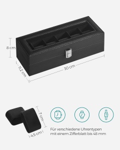 Cutie pentru ceasuri Songmics, MDF/piele PU/sticla, negru, 30 x 11,2 x 8 cm, Resigilat, Grad A - Img 4