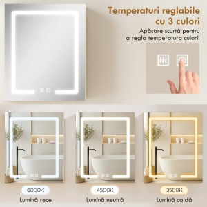 Dulap baie cu oglindă LED anti-aburire, MDF/sticlă, 50x15x60cm, Alb - Verificat A · Re-Bloom - Img 2