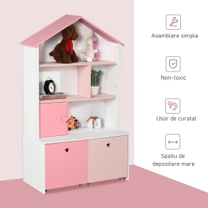 Dulap depozitare jucarii copii 80x34x130 cm, MDF P2, 4 rafturi, 2 sertare cu roti, alb/roz - Verificat A · Re-Bloom - Img 3