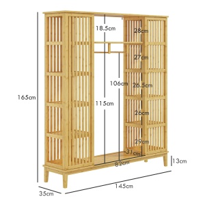 Dulap deschis bambus Re-Bloom, 145x35x165 cm, 2 usi glisante, bara umerase, rafturi deschise, 60 kg, finisaj lemn natural - Verificat A · Re-Bloom - Img 3