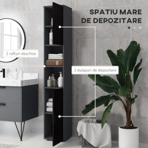 Dulap inalt baie ingust 30x30x183 cm, 2 rafturi deschise, 2 dulapuri reglabile, PAL melamina, anti-rasturnare, negru/gri inchis - Verificat A · Re-Bloom - Img 4