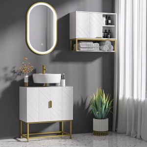 Dulap pentru chiuveta Re-Bloom, 2 usi, MDF/otel, alb/auriu, 60 x 30 x 65 cm, Resigilat, Grad A - Img 4