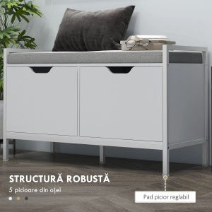 Dulap pentru pantofi cu 2 compartimente si perna Re-Bloom, otel/PAL/textil efect in/spuma, 84x35x50 cm, perna 80x35x47 cm, 160 kg, alb - Verificat A · Re-Bloom - Img 4