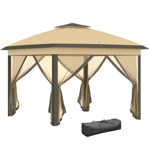 Foisor pliabil cu plasa de tantari si baldachin dublu, otel/Oxford/Mesh, 330x330x288 cm, streasina 198cm, pliat 21.5x21.5x116cm, 4 corzi + 8 cuie + geanta transport incluse, bej - Verificat A · Re-Bloom
