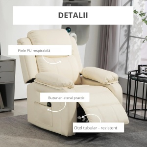 Fotoliu reclinabil electric 160° Re-Bloom, piele PU/otel, crem/negru, 76 x 90 x 105 cm, Resigilat, Grad A - Img 2