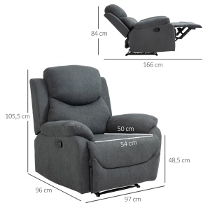 Fotoliu recliner manual cu suport picioare 93x88x102 cm, inclinare 150°, tapiterie in respirabil, cadru otel, gri inchis - Verificat A · Re-Bloom - Img 3