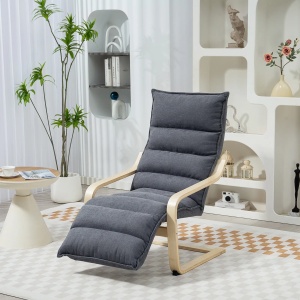 Fotoliu relaxant cu suport pentru picioare reglabil, catifea poliester/lemn mesteacan/spuma, 67x93-114x105 cm, sezut 55x45x45cm, capacitate 120kg, gri inchis/natur - Verificat A · Re-Bloom - Img 2