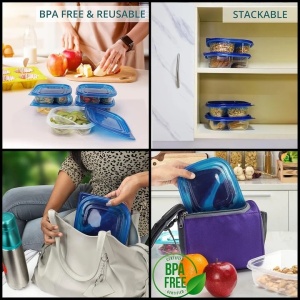 Freshly Contained set 10 caserole alimentare 17x17x4.9 cm, 2 compartimente, 620 ml, polipropilena, fara BPA, capace etanse, albastru/transparent - Verificat A · Re-Bloom - Img 2