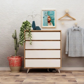 Hanah Home comoda 70x40x86 cm, PAL 18mm melaminat, 4 sertare, rafturi multiple, picioare 12cm, fixabil perete, stejar si alb - Verificat A · Re-Bloom - Img 2