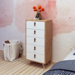 Hanah Home comoda dormitor 50x40x103 cm, 5 sertare, PAL 18mm, manere piele PU, picioare lemn, stejar/alb - Verificat A · Re-Bloom - Img 2