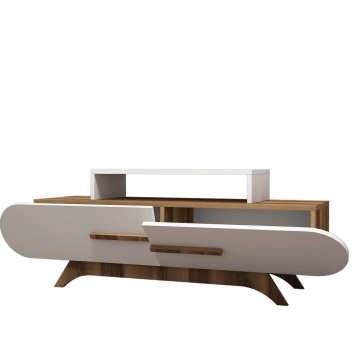 Hanah Home comoda TV 145x36.8x49.8 cm, PAL 18mm melaminat, rafturi 70x30x11 cm, nuc si alb - Verificat A · Re-Bloom - Img 4